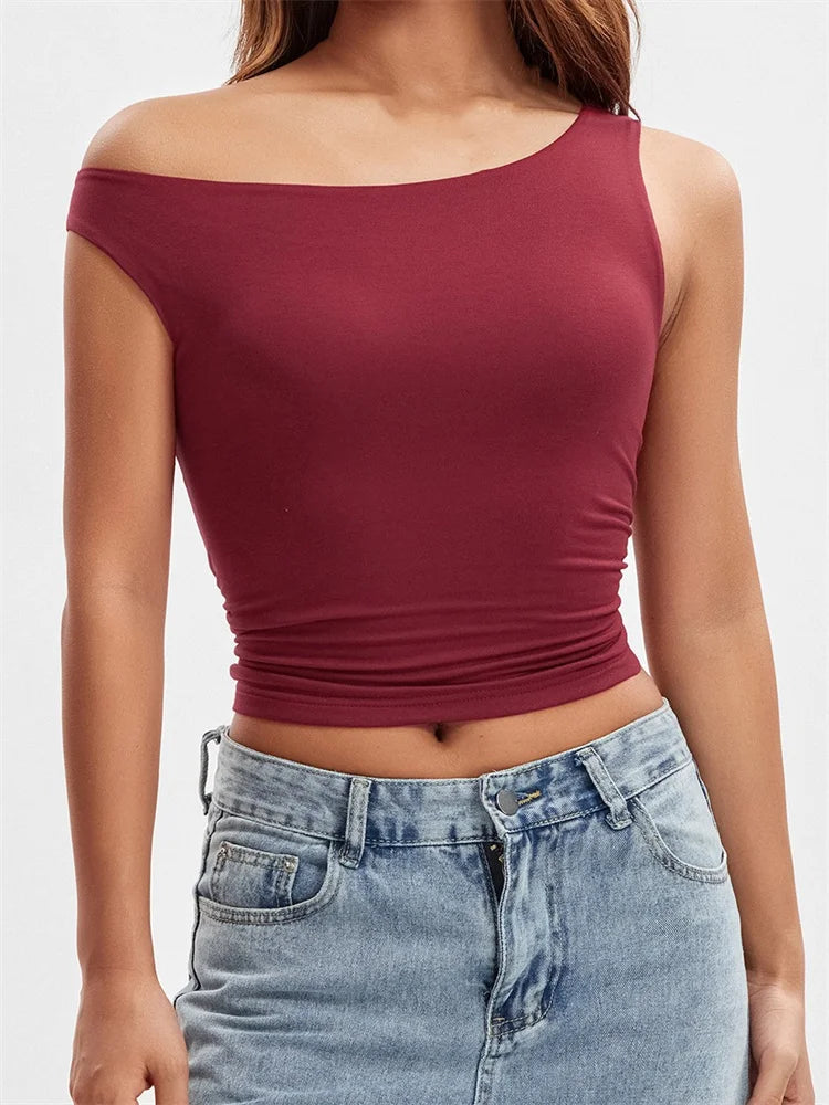 Women Summer Asymmetrical Hem Solid Color Off Shoulder Ruched Slim Cropped Mini Vest Streetwear 2024 Crop Top Main image