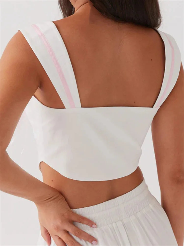 Sexy Summer Fashion White Sleeveless Tie-up Strap Front Zip Up Bow Square Neck Mini Vest Streetwear Crop Top