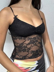 Women Summer Fashion Sleeveless Deep V Neck Lace Floral Mini Vest Party Club See Through 2024 Crop Top