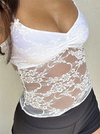 Women Summer Fashion Sleeveless Deep V Neck Lace Floral Mini Vest Party Club See Through 2024 Crop Top