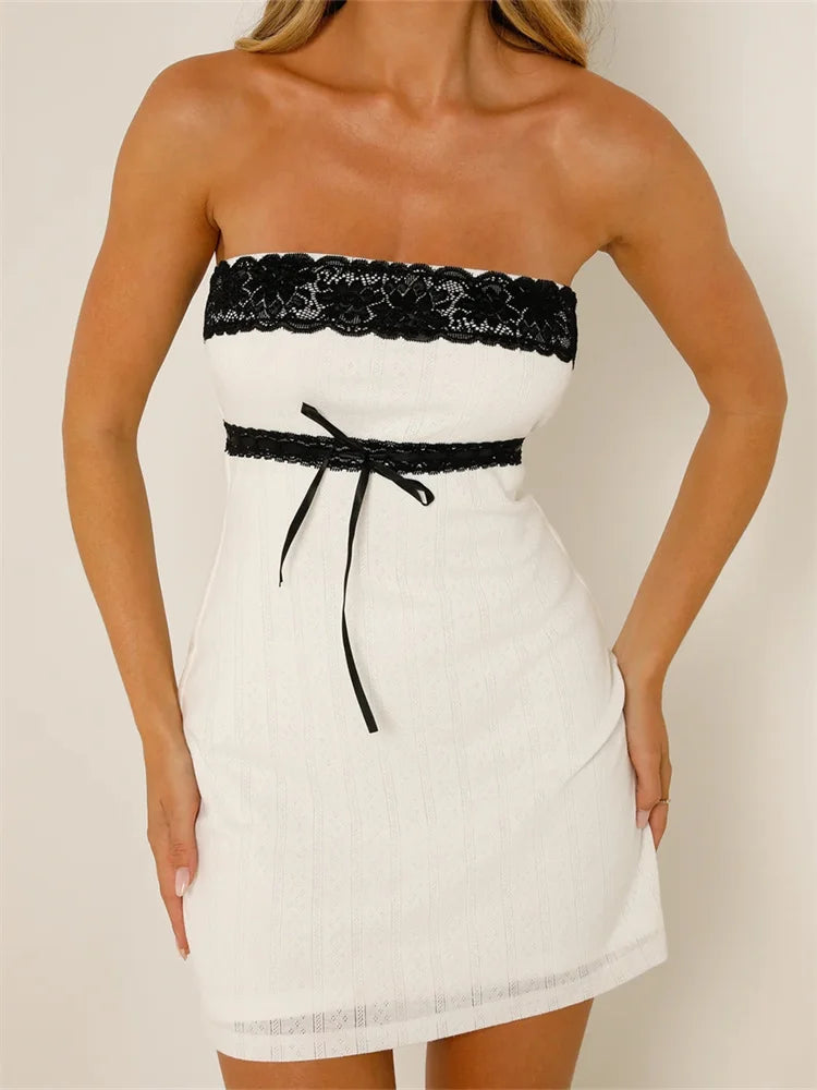 Off Shoulder Lace Trim Tube Mini Dresses Main image