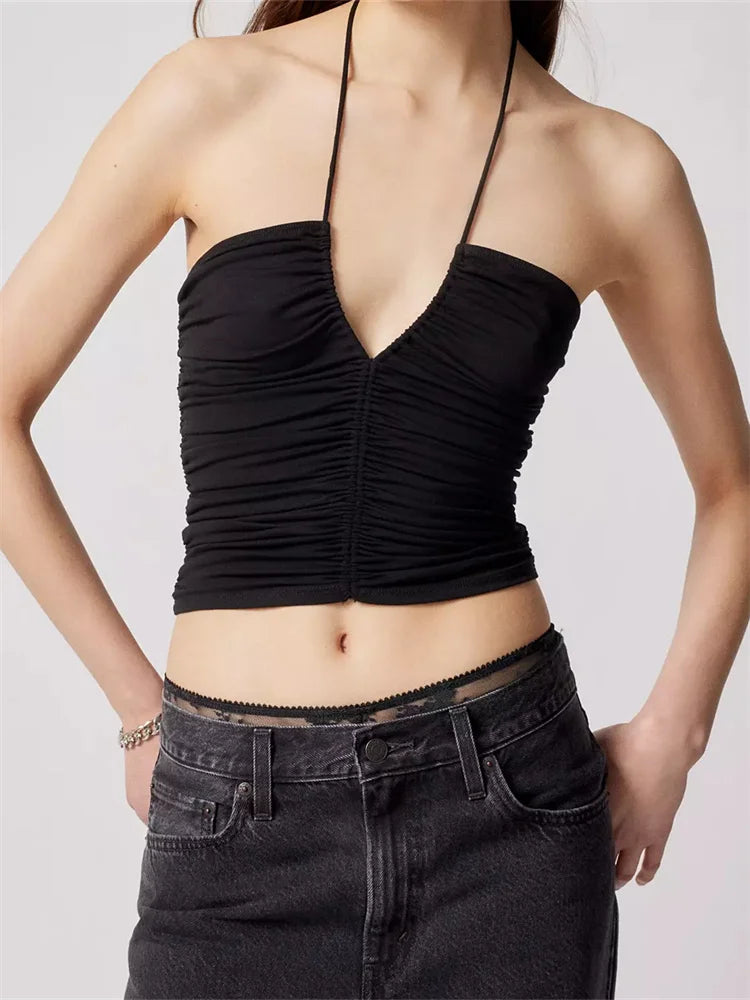 Summer Fashion Sleeveless Halter Ruched Off Shoulder Mini Vest Party Streetwear 2024 Crop Top