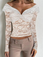 Long Sleeve Off-shoulder See-through Lace Slim Fit Mesh Push Up T-shirts