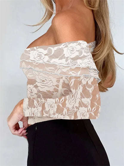 Sexy Long Sleeve Off-shoulder See-through Lace Slim Fit Mesh Push Up T-shirts