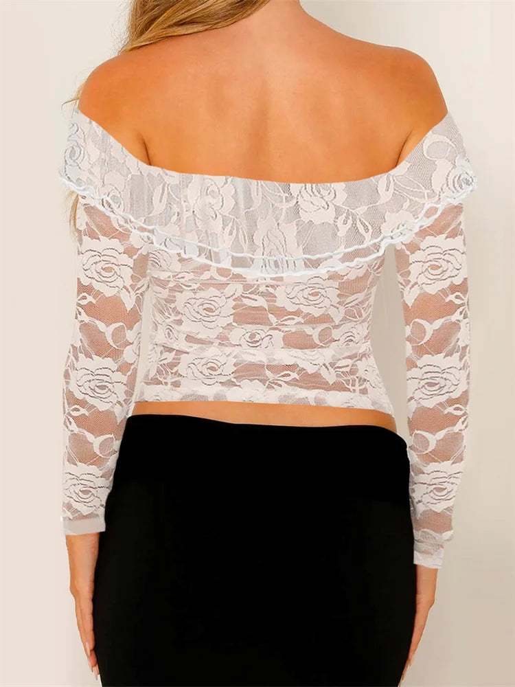 Sexy Long Sleeve Off-shoulder See-through Lace Slim Fit Mesh Push Up T-shirts
