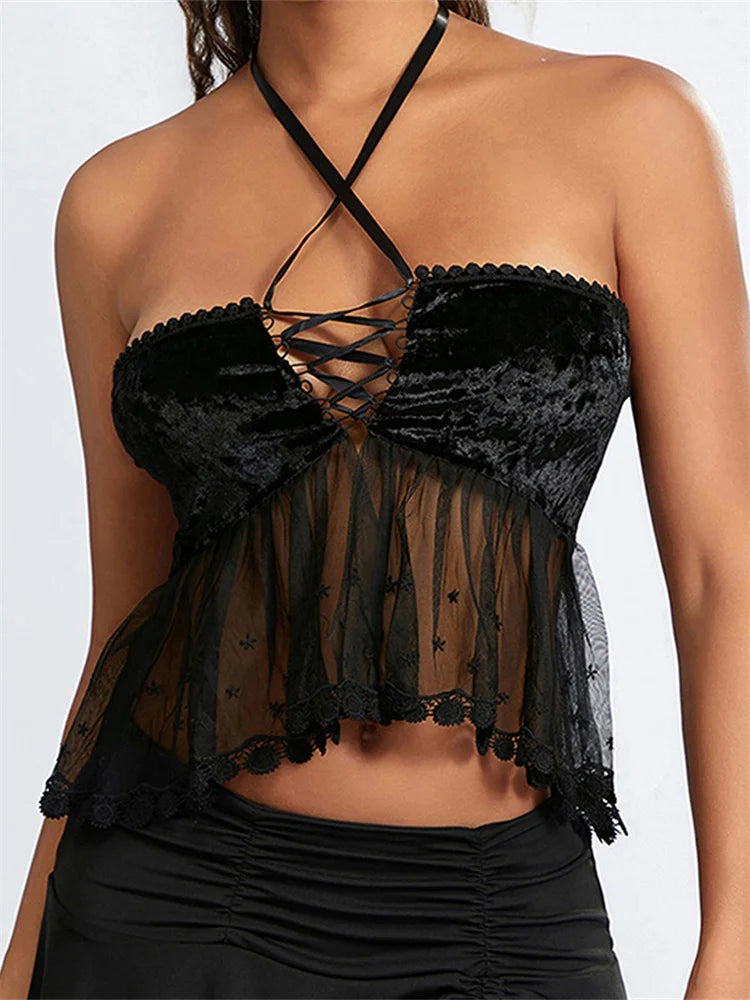 Women Mesh Patchwork Criss-Cross Tie-Up Halter Backless Vest Summer Sleeveless Cropped Clubwear Crop Top Main image