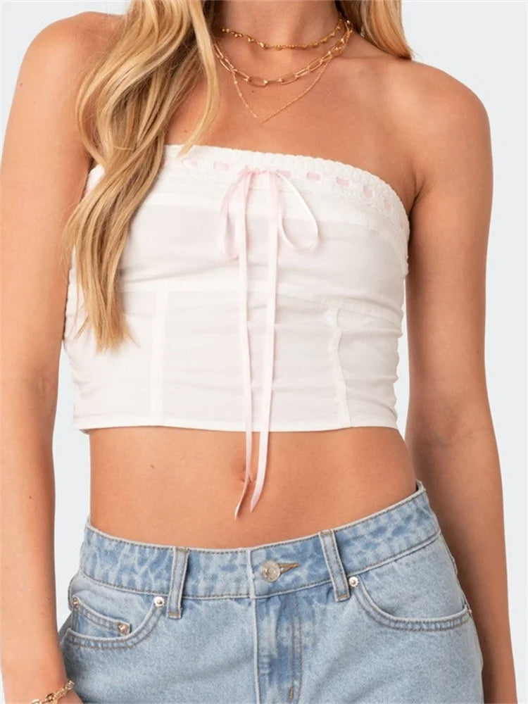 Tube Top Cropped Strapless Backless Tie-up Mini Slim Fit Summer Off Shoulder Party Clubwear 2024 Crop Top Main image