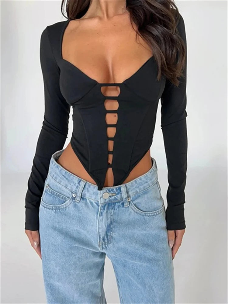 V-neck Low Cut Front Hollow Out Long Sleeve Slim Fit Solid Irregular Hem T-shirts Main image