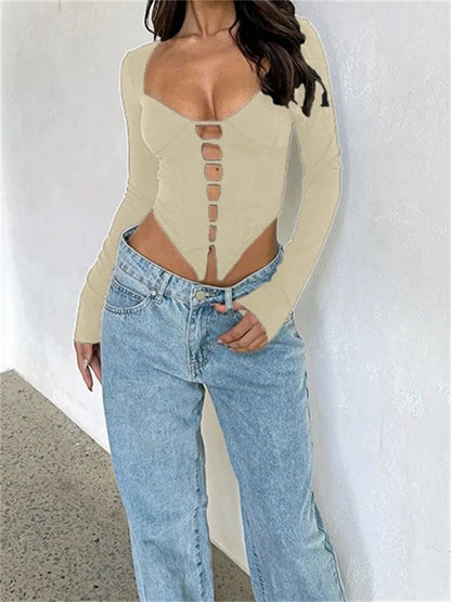 Sexy V-neck Low Cut Front Hollow Out Long Sleeve Slim Fit Solid Irregular Hem T-shirts