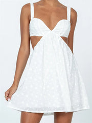 V-Neck Sleeveless Backless Hollow Out Lace Mini Dresses