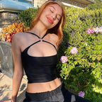 CHRONSTYLE  Vest Clubwear Criss-Cross Ring Patchwork Low Cut Elastic Strap Hollow Backless Tight Camis Crop Top