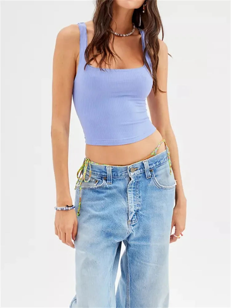 Sleeveless Low Cut Square Neck Causal Cropped Streetwear 2024 Women Slim Fit Solid Color Short Mini Vests Crop Top
