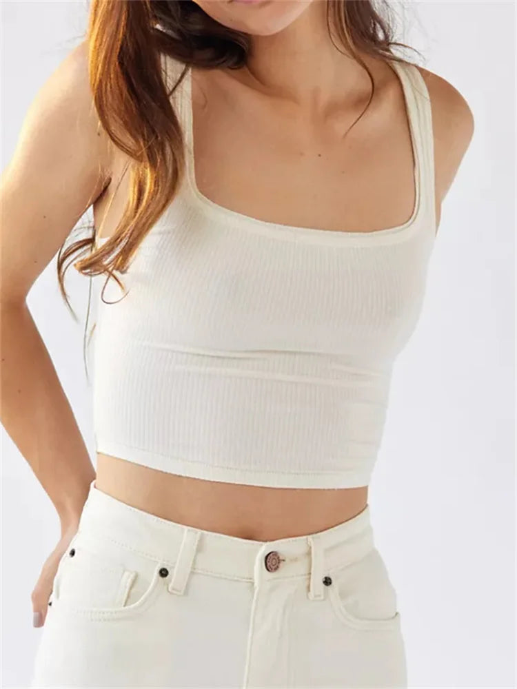 Sleeveless Low Cut Square Neck Causal Cropped Streetwear 2024 Women Slim Fit Solid Color Short Mini Vests Crop Top