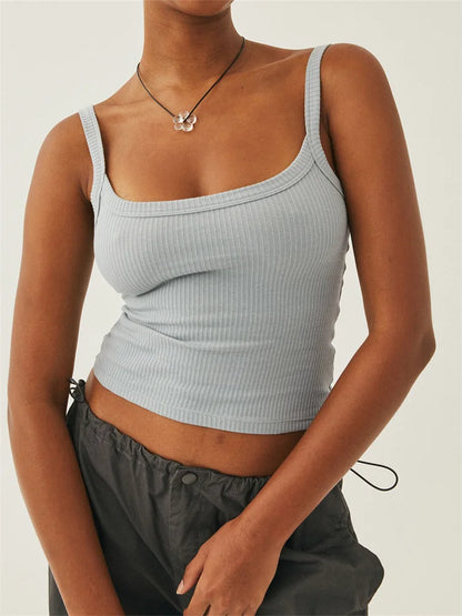 Sleeveless Strap Ribbed Causal Cropped Top Summer Solid O-neck Slim Fit Exposed Navel Mini Vest 2024 Crop Top