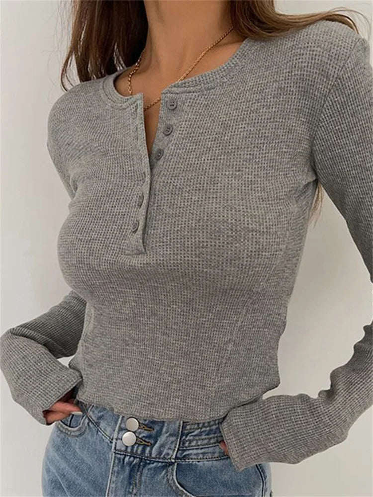 Solid Ribbed Basic Long Sleeve Ruched Casual Knitted Buttons Up T-shirts