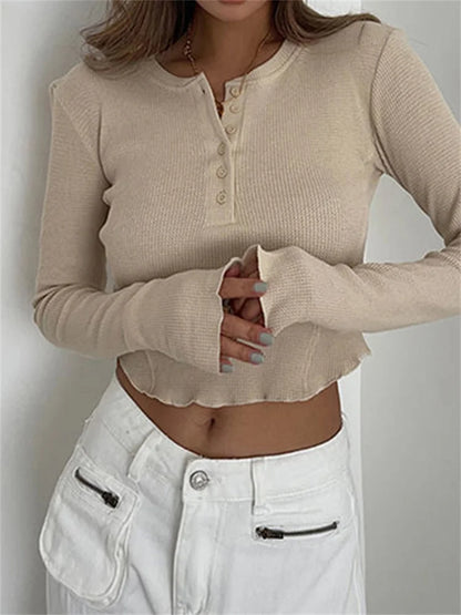 Solid Ribbed Basic Long Sleeve Ruched Casual Knitted Buttons Up T-shirts
