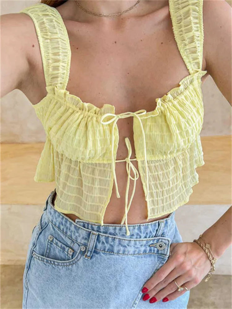 Spaghetti Strap Front Split Lace-up Square Neck Ruched Solid Mini Vest Streetwear 2024 Crop Top Main image