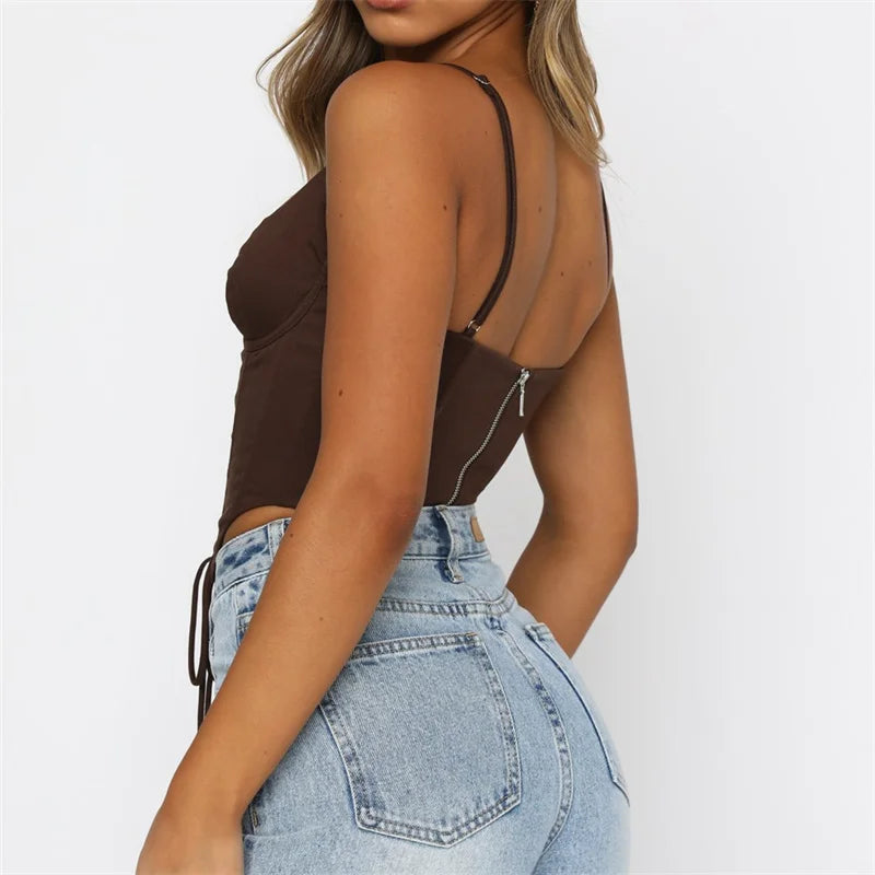 Spaghetti Strap Criss-cross Hollow Out Lace-up Bustiers Top Women Solid Color Tube Back Zip Up Vests Crop Top