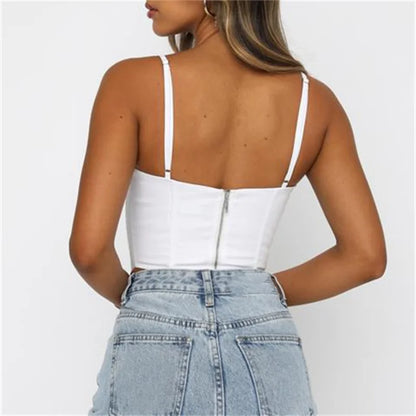 Spaghetti Strap Criss-cross Hollow Out Lace-up Bustiers Top Women Solid Color Tube Back Zip Up Vests Crop Top