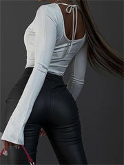 Square Neck Long Flare Sleeve Slim Fit Casual Spring Autumn Streetwear T-shirts