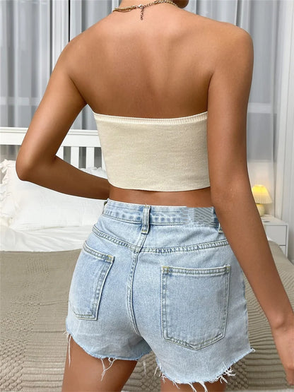 Strapless Off Shoulder Tube Top Summer Party Clubwear Front Tie-up Ribbed Irregular Hem Mini 2024 Crop Top