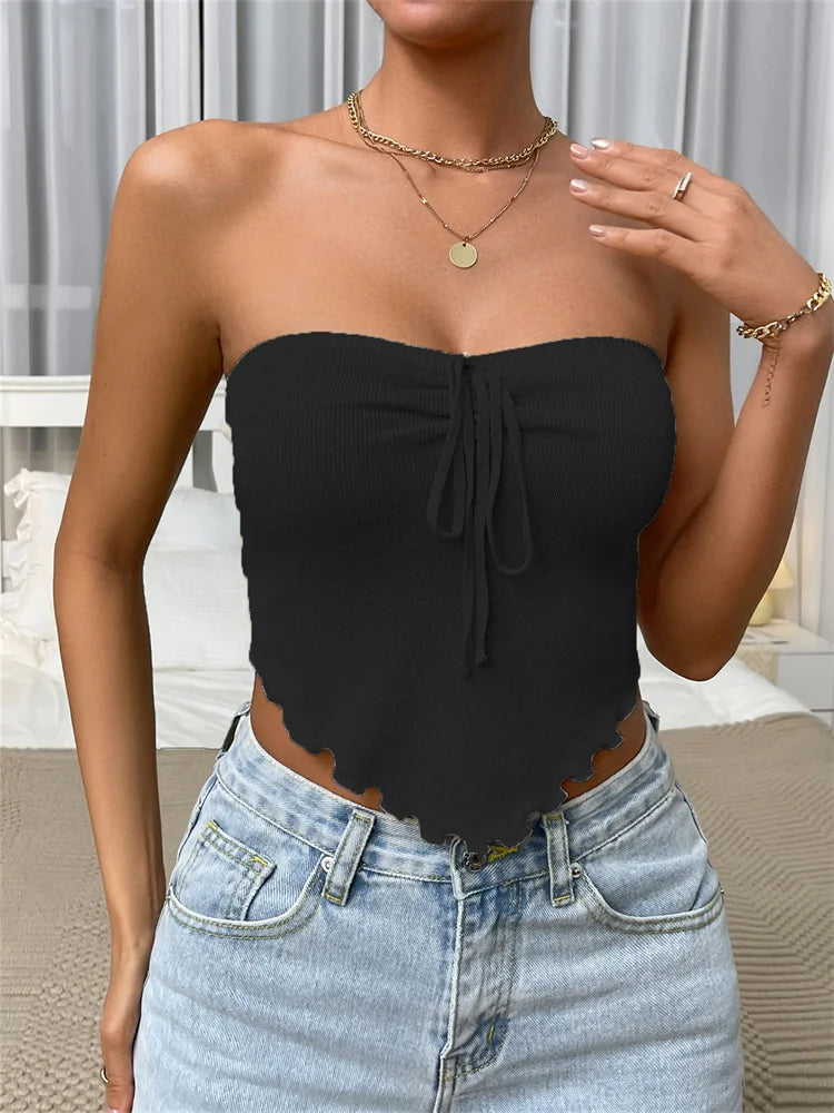 Strapless Off Shoulder Tube Top Summer Party Clubwear Front Tie-up Ribbed Irregular Hem Mini 2024 Crop Top