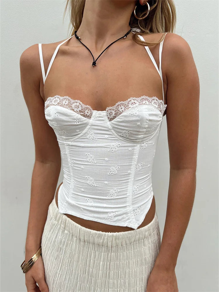 Summer Sleeveless Strap Y2K for Women  Lace Patchwork V-neck Cropped Mini Vest Streetwear 2024 Crop Top Main image