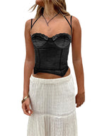 Summer Sleeveless Strap Y2K for Women  Lace Patchwork V-neck Cropped Mini Vest Streetwear 2024 Crop Top