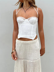 Summer Sleeveless Strap Y2K for Women  Lace Patchwork V-neck Cropped Mini Vest Streetwear 2024 Crop Top