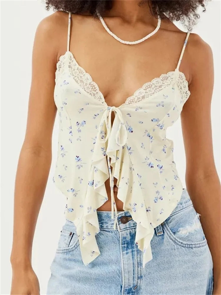 Floral Print Lace Patchwork V-neck Front Split Tie-up Ruffle Summer Strap Mini Crop Top