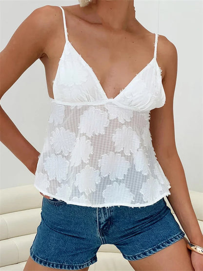 Vintage Sleeveless Strap V-neck Lace Floral White Solid Color Summer Party Beach Vest 2024 Crop Top