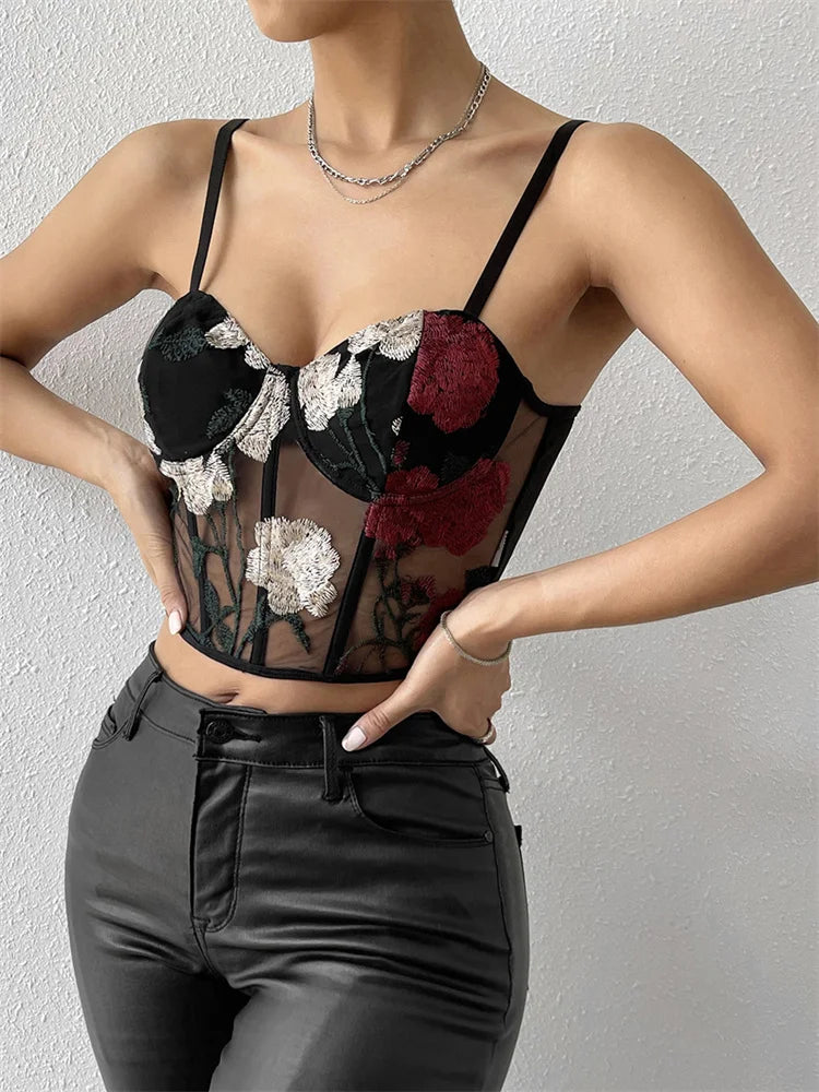 Embroidery Floral Bustiers Women Spaghetti Strap Mesh Sheer Corsets Party Club Mini Vest Crop Top