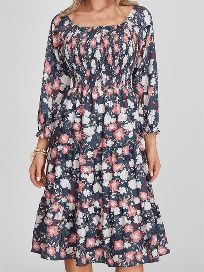 Vintage Bohemian Floral Print Long Sleeve High Waist A-Line Midi Dress