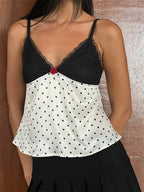 Vintage Camisoles Sleeveless V-neck Backless Lace Patchwork Dot Print Summer Mini Vest for Party Club 2024 Crop Top