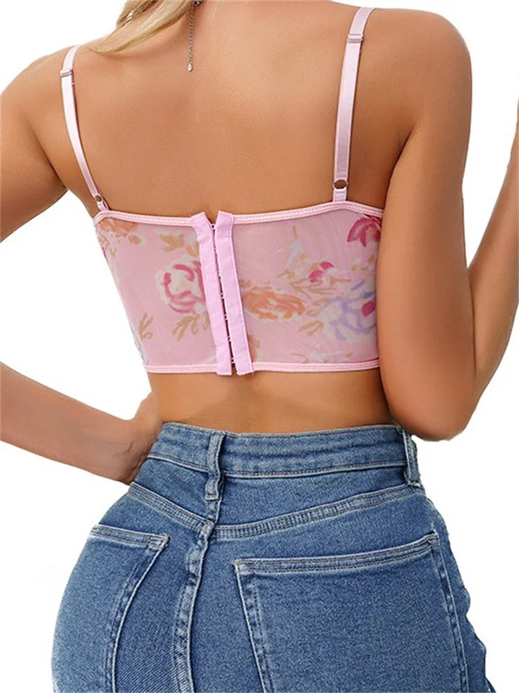 Vintage Floral Print Mesh Sheer Sleeveless Strap V-neck Backless Summer Vest Corsets 2024 Crop Top