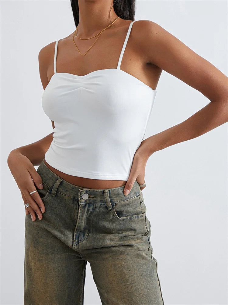 Vintage Front Ruched Sleeveless Strap Backless Solid Slim Fit Summer Mini Vest for Party Club Tanks Crop Top