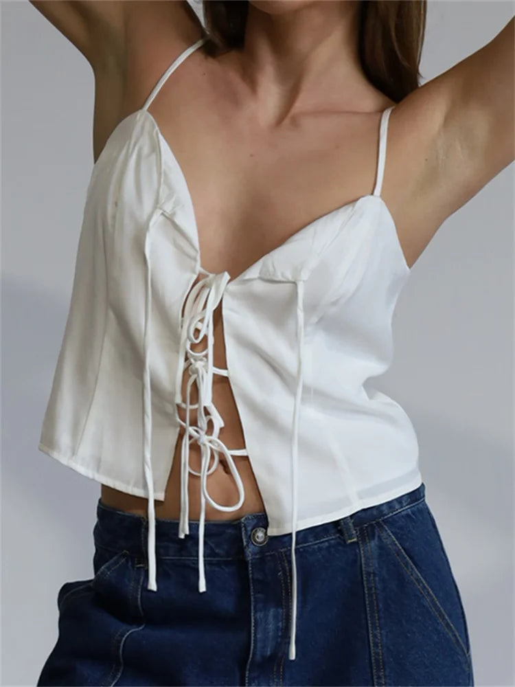 Vintage Women Front Split Tie-up Fashion Sleeveless Strap V Neck Summer Party Low Cut Mini Vest Club Crop Top Main image