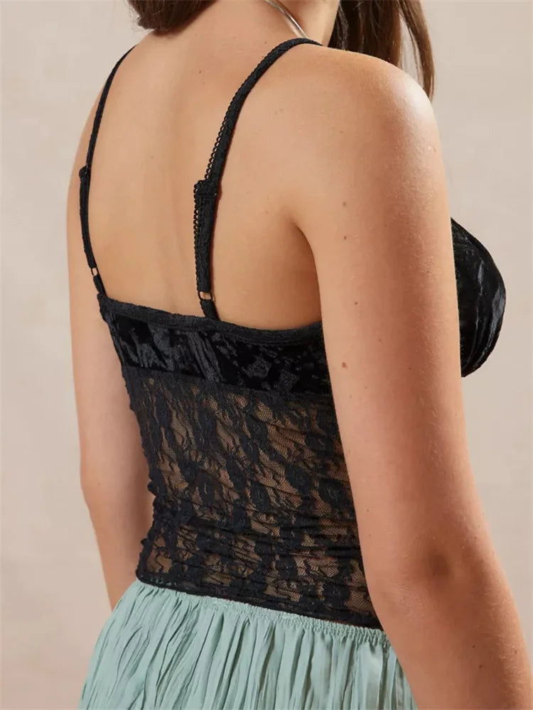Vintage Women Lace Mesh See Through Summer Strap Front Bow Patchwork Square Neck Mini Vest Crop Top