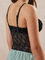 Vintage Women Lace Mesh See Through Summer Strap Front Bow Patchwork Square Neck Mini Vest Crop Top