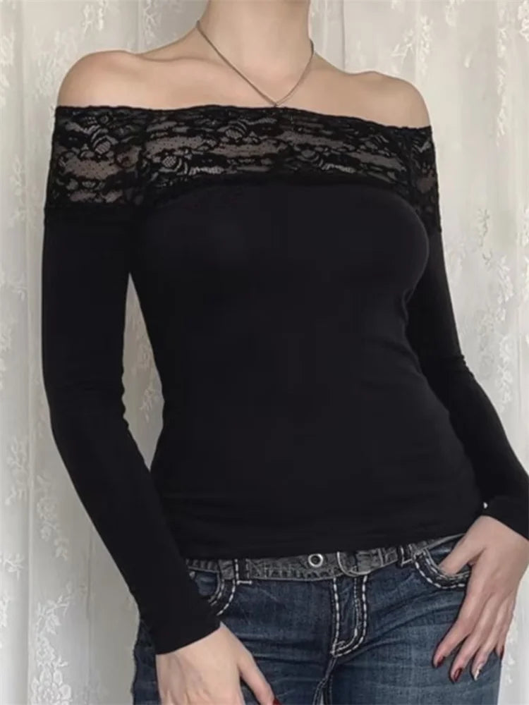 Vintage Lace Patchwork Cropped Off Shoulder Long Sleeve Slim Fit Party T-shirts Main image