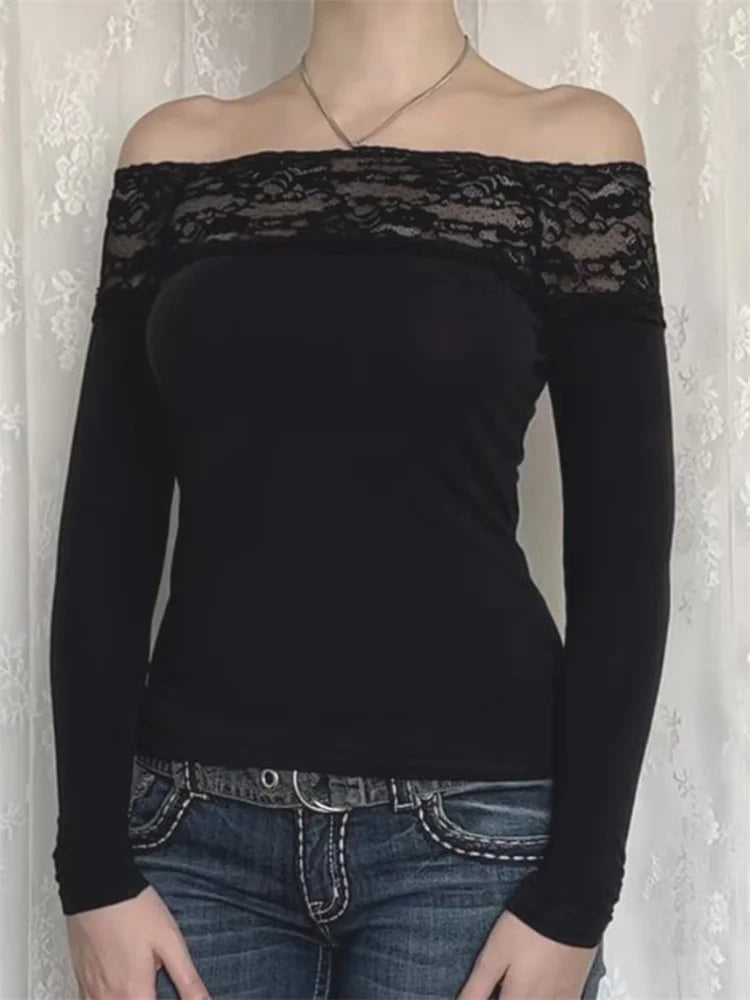 Vintage Lace Patchwork Cropped Off Shoulder Long Sleeve Slim Fit Party T-shirts
