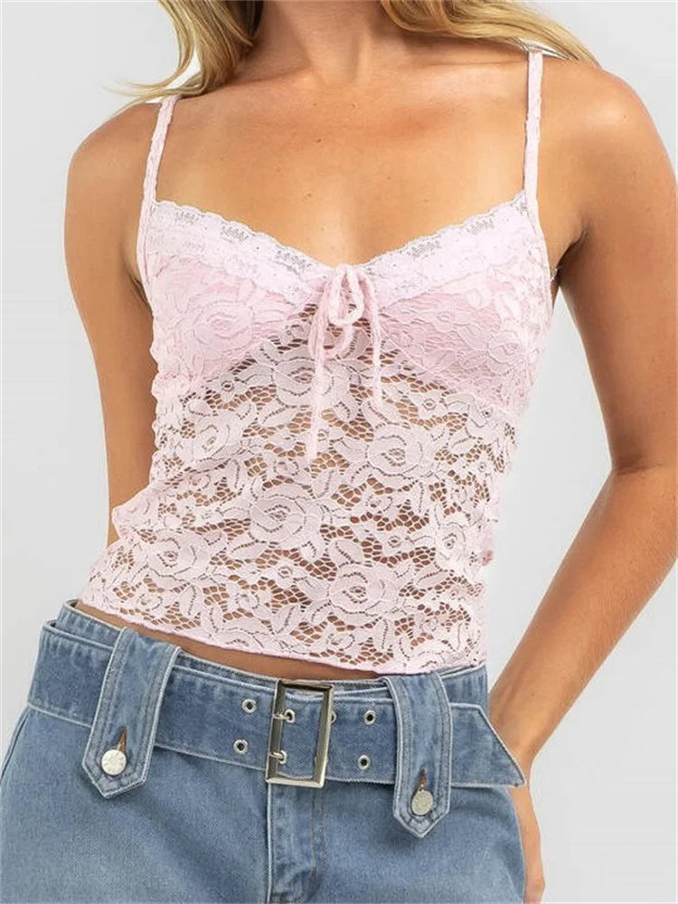 Vintage Lace Spaghetti Strap Sleeveless Backless V-neck Mini Party Streetwear 2024 Crop Top Main image
