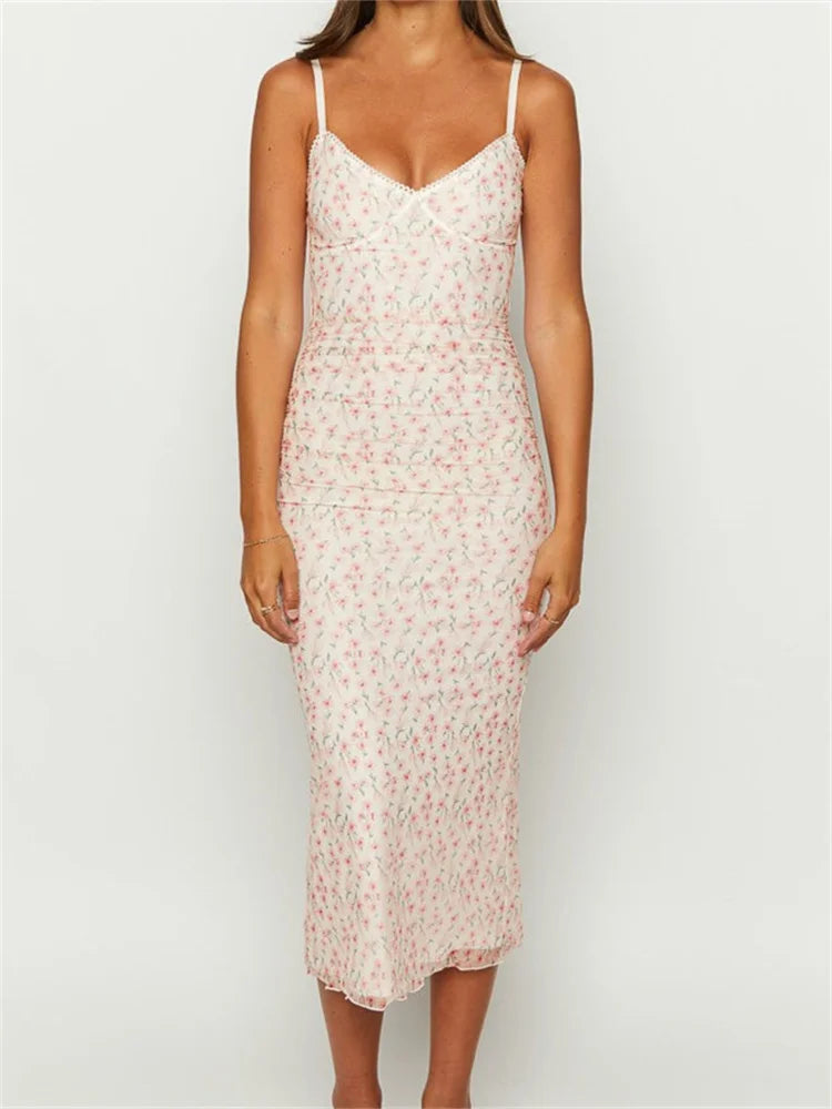 Vintage Floral Print Sleeveless Strap Summer Slim Fit V-Neck Midi Dress Main image