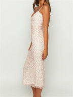 Vintage Floral Print Sleeveless Strap Summer Slim Fit V-Neck Midi Dress