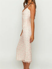 Vintage Floral Print Sleeveless Strap Summer Slim Fit V-Neck Midi Dress