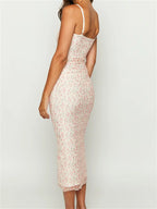 Vintage Floral Print Sleeveless Strap Summer Slim Fit V-Neck Midi Dress