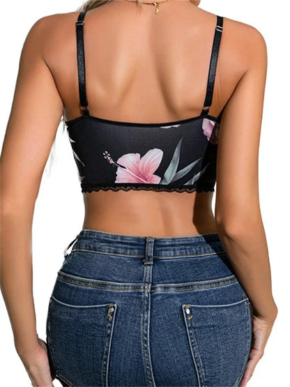 Vintage Women Summer Mini Vest Black Sleeveless Strap Backless Deep V Neck Floral Print Streetwear 2024 New Crop Top