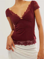 Vintage T-shirts V Neck Short Sleeve Backless Lace Patchwork Summer Party Slim Fit Tees Streetwear 2024 Crop Top