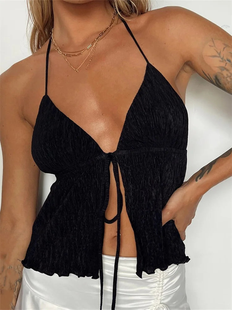 Women Backless Halter Tie-up Cute Mini Vest Sleeveless Deep V-neck Off Shoulder Streetwear 2024 Crop Top Main image