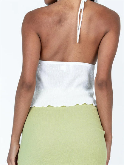 Women Backless Halter Tie-up Cute Mini Vest Sleeveless Deep V-neck Off Shoulder Streetwear 2024 Crop Top